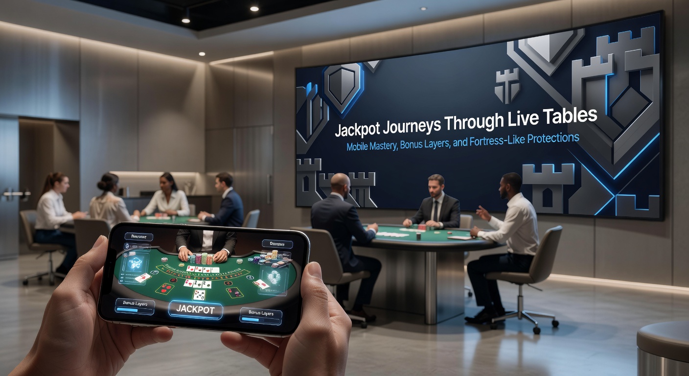 Smartphone mit Live-Jackpot-App im Einsatz, umgeben von Bonus-Symbolen und Sicherheitsschildern, die mobile Sicherheit betonen