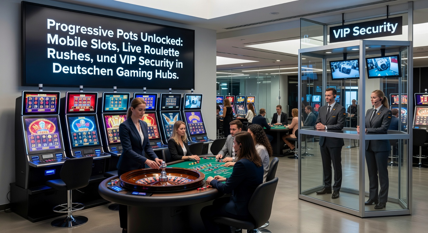 Leuchtende Progressive-Jackpots auf einem Smartphone-Bildschirm inmitten eines modernen deutschen Casinos