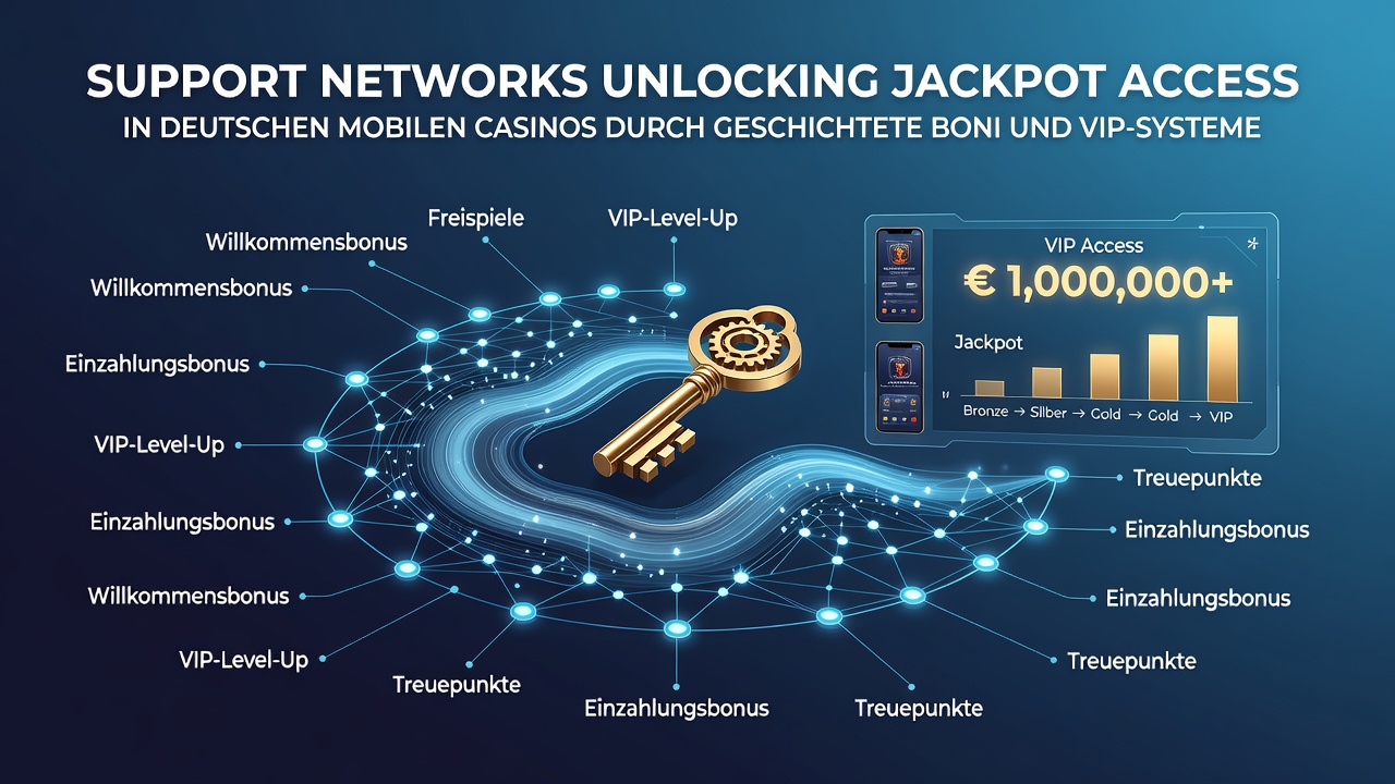 Darstellung einer mobilen Casino-App mit VIP-Stufen und Jackpot-Anzeigen verbunden durch Support-Interaktionen
